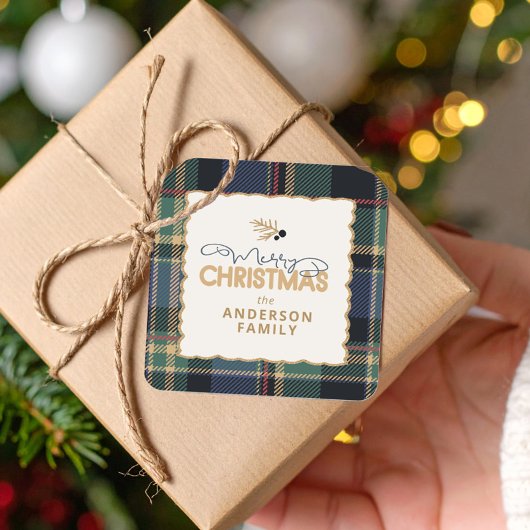 Merry Christmas Tartan Border ID1141B Vierkante Sticker