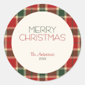 Merry Christmas Tartan Plaid Custom Ronde Sticker (Voorkant)