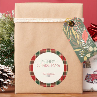 Merry Christmas Tartan Plaid Custom Ronde Sticker
