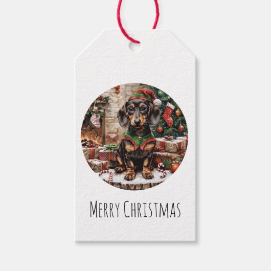 Merry Christmas Teckel Dogs Elf Cadeaulabel (Voorkant)