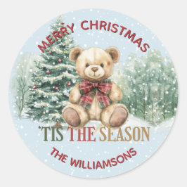 Merry Christmas Teddy Bear Snow Scene Name Ronde Sticker