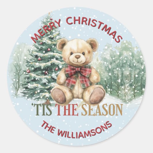 Merry Christmas Teddy Bear Snow Scene Name Ronde Sticker (Voorkant)