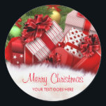 Merry Christmas Text Gifts Sjabloon Ronde Sticker<br><div class="desc">Merry Christmas Text Tree en geschenken Elegante Sjabloon Classic Ronde Sticker.</div>
