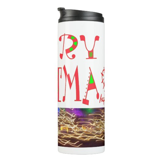 Merry Christmas Text Pattern Design: feestelijke k Thermosbeker (Geroteerd rechts)