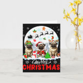 Merry Christmas Three Santa Elf Reindeer Pugs Owne Kaart (Gele Bloem)