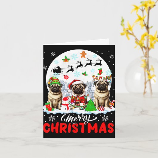 Merry Christmas Three Santa Elf Reindeer Pugs Owne Kaart (Gele Bloem)