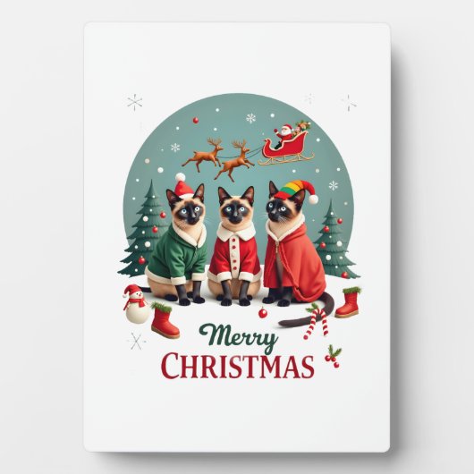 Merry Christmas Three Santa Elf Reindeer Siamese C Fotoplaat (voorkant)