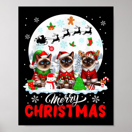 Merry Christmas Three Santa Elf Reindeer Siamese C Poster (Voorkant)