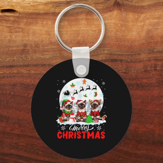 Merry Christmas Three Santa Elf Reindeer Siamese C Sleutelhanger (Voorkant)