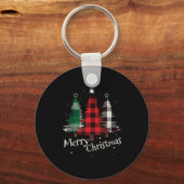 Merry Christmas Three Xmas Trees Buffalo Plaid Wom Sleutelhanger (Voorkant)