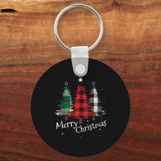 Merry Christmas Three Xmas Trees Buffalo Plaid Wom Sleutelhanger (Voorkant)
