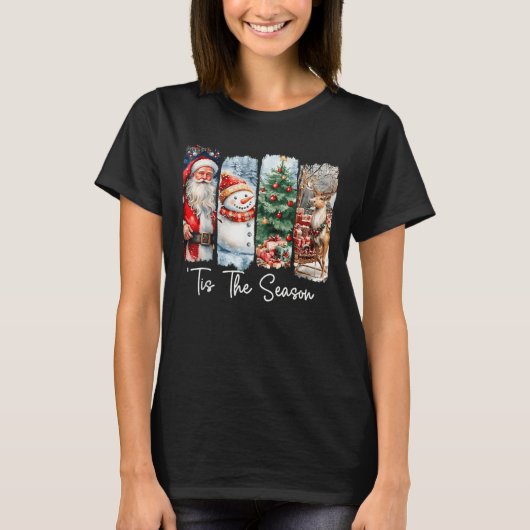 Merry Christmas Tis The Season Santa Snowman Tree  T-shirt (Voorkant)