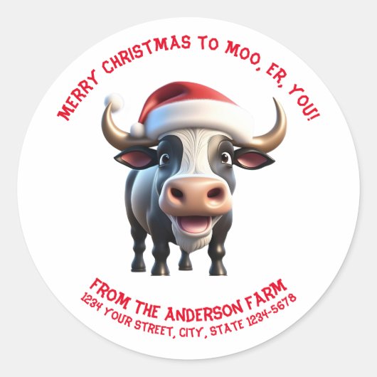 Merry Christmas to Moo Retour Adreslabels Ronde Sticker (Voorkant)