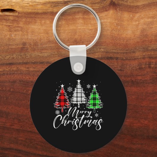 Merry Christmas Tree Buffalo Plaid Red White Green Sleutelhanger (Voorkant)