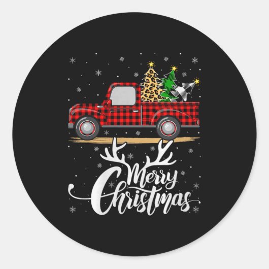 Merry Christmas Tree Buffalo Plaid Truck Family Gr Ronde Sticker (Voorkant)