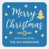 Merry Christmas Tree Custom Family Name Blue Vierkante Sticker (Voorkant)
