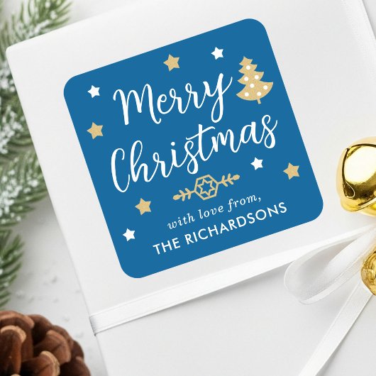 Merry Christmas Tree Custom Family Name Blue Vierkante Sticker