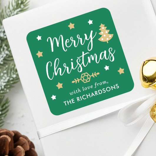 Merry Christmas Tree Custom Family Name Green Vierkante Sticker