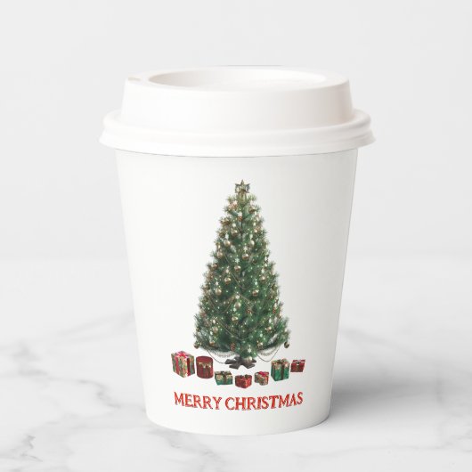 Merry Christmas. Tree (design 1) with gifts Papieren Bekers (Achterkant)