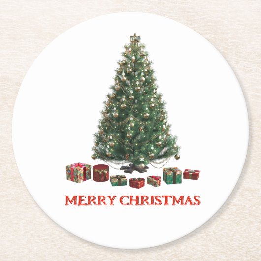 Merry Christmas. Tree (design 1) with gifts Ronde Kartonnen Onderzetter (Voorkant)