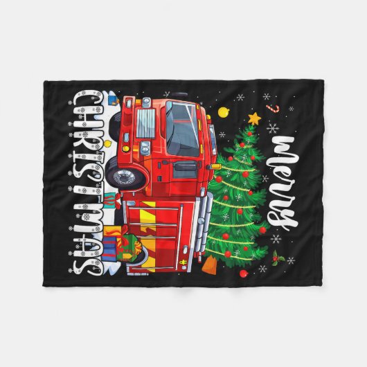 Merry Christmas Tree Firetruck Pajama Firefighter Fleece Deken (Voorkant (Horizontaal))