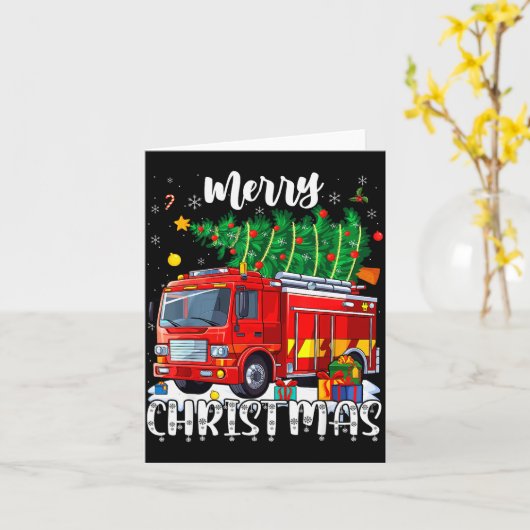 Merry Christmas Tree Firetruck Pajama Firefighter  Kaart (Gele Bloem)
