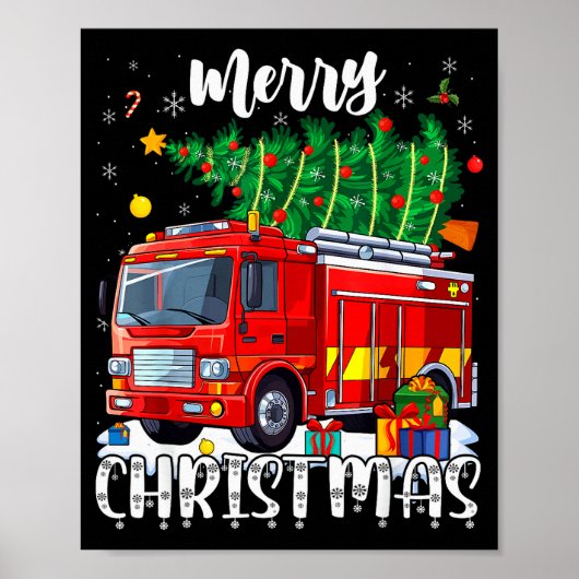 Merry Christmas Tree Firetruck Pajama Firefighter  Poster (Voorkant)