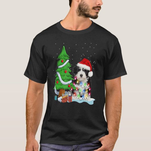 Merry Christmas Tree Light Santa Hat Dog Shih Tzu T-shirt (Voorkant)