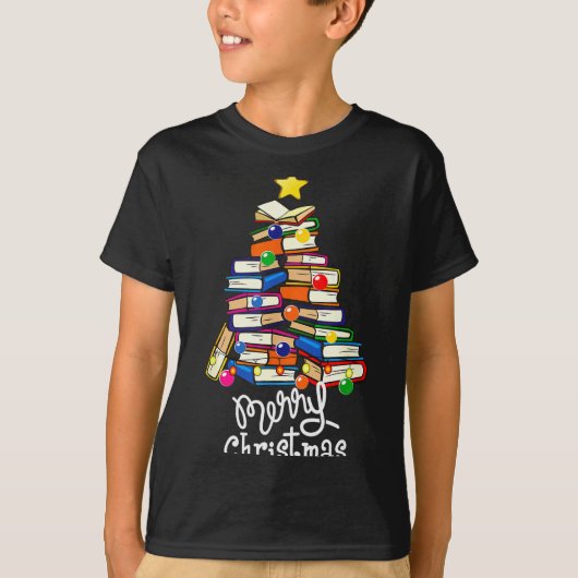Merry Christmas Tree Love Reading Books Librarian  T-shirt (Voorkant)