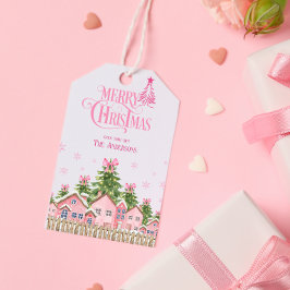 Merry Christmas Tree Pink Bow Holiday Gift Label Cadeaulabel