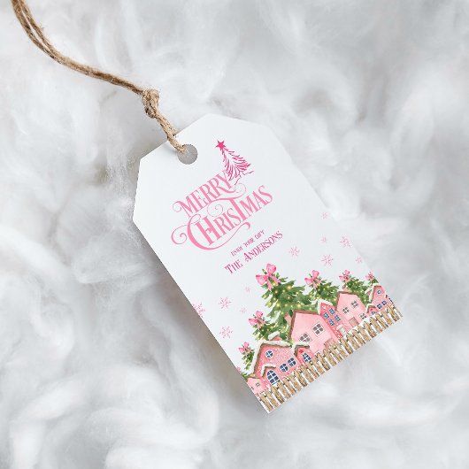 Merry Christmas Tree Pink Bow Holiday Gift Label Cadeaulabel