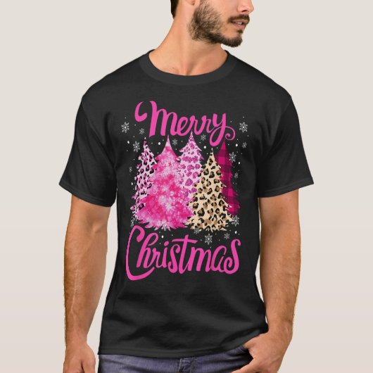 Merry Christmas Tree Pink  Xmas Leopard Matching F T-shirt (Voorkant)