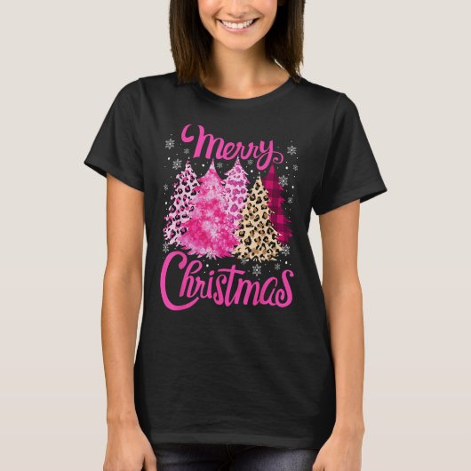 Merry Christmas Tree Pink  Xmas Leopard Matching F T-shirt (Voorkant)