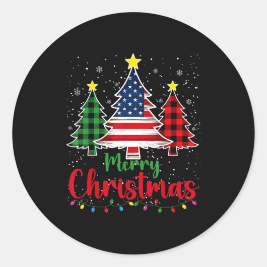 Merry Christmas Tree Plaid Us Flag Snowflake Xmas  Ronde Sticker (Voorkant)