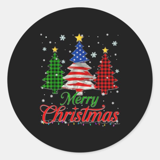Merry Christmas Tree Plaid Us Flag Snowflake Xmas  Ronde Sticker (Voorkant)
