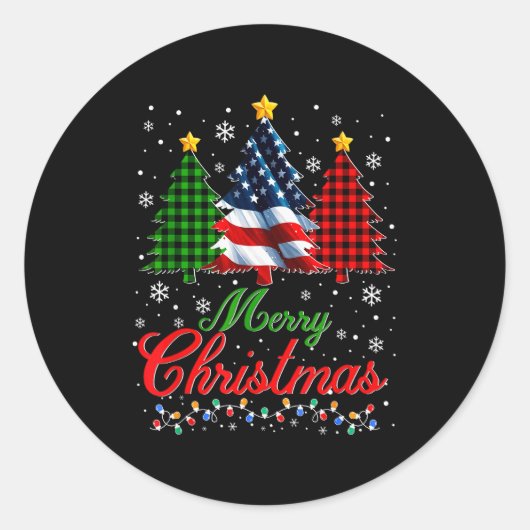 Merry Christmas Tree Plaid Us Flag Snowflake Xmas  Ronde Sticker (Voorkant)