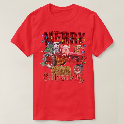 Merry Christmas Tree Red Tractor Lighting Farmer C T-shirt (Design voorkant)
