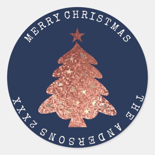Merry Christmas Tree Roos Goudblauw Navy Ronde Sticker (Voorkant)