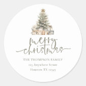 Merry Christmas Tree Sage Script Retouradres Ronde Sticker (Voorkant)