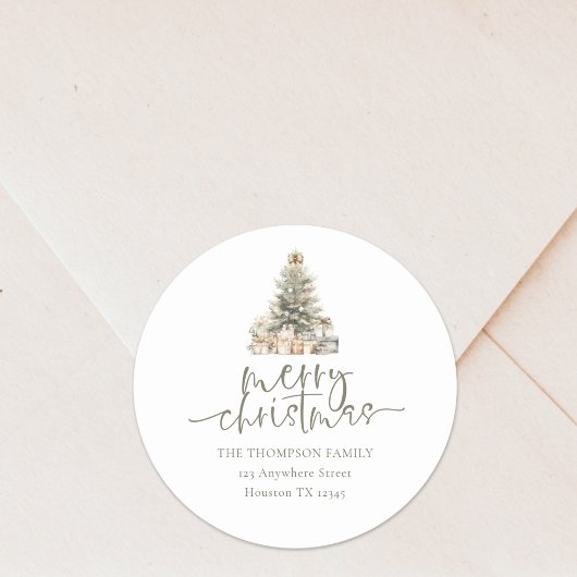 Merry Christmas Tree Sage Script Retouradres Ronde Sticker