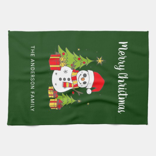 Merry Christmas  Tree Snowman Gepersonaliseerd Theedoek (Horizontaal)