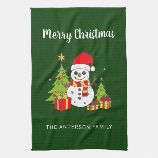 Merry Christmas  Tree Snowman Gepersonaliseerd Theedoek (Verticaal)