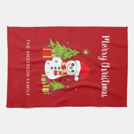 Merry Christmas  Tree Snowman Gepersonaliseerd Theedoek (Horizontaal)