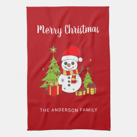 Merry Christmas  Tree Snowman Gepersonaliseerd Theedoek (Verticaal)