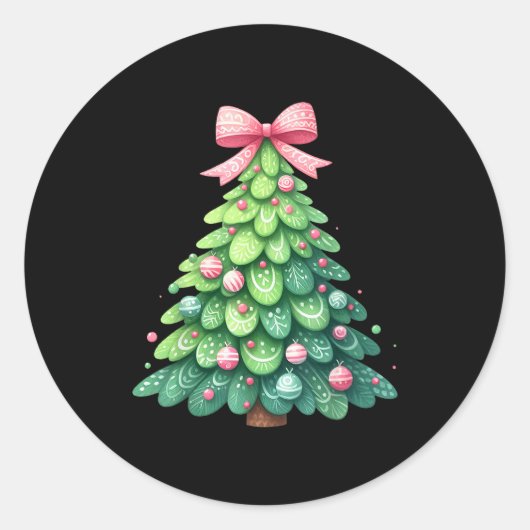 Merry Christmas Tree With Coquette Bow Xmas Holida Ronde Sticker (Voorkant)