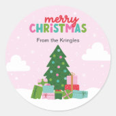 Merry Christmas Tree with Gifts in Pastel Pink Ronde Sticker (Voorkant)