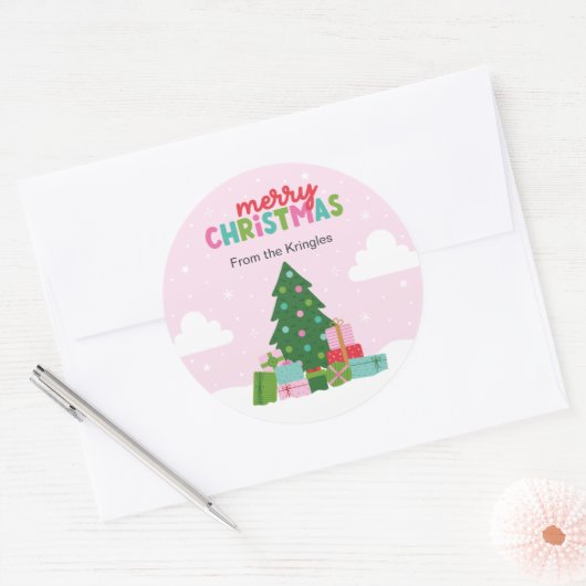 Merry Christmas Tree with Gifts in Pastel Pink Ronde Sticker (Envelop)