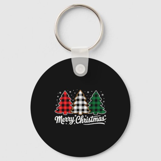 Merry Christmas Tree Xmas Buffalo Plaid Red White  Sleutelhanger (Voorkant)