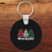 Merry Christmas Tree Xmas Buffalo Plaid Red White  Sleutelhanger (Voorkant)