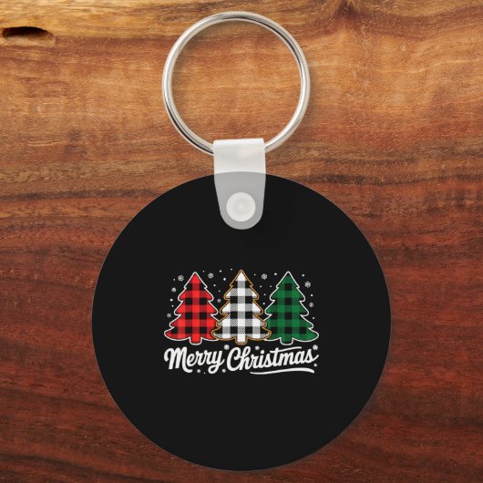 Merry Christmas Tree Xmas Buffalo Plaid Red White  Sleutelhanger (Voorkant)